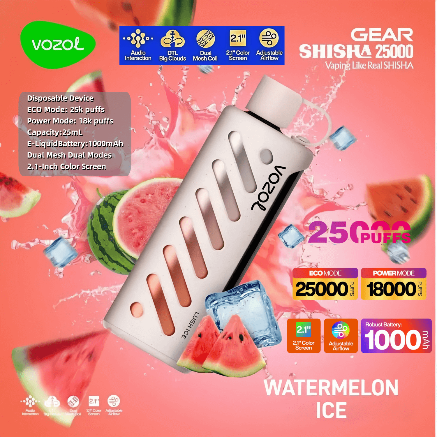 Vozol Gear Shisha 25000 25K Puffs Disposable Vape Adjustable Airflow 5%  Nicotine 16Tastes Dual Modes Mirror Screen Factory Direct