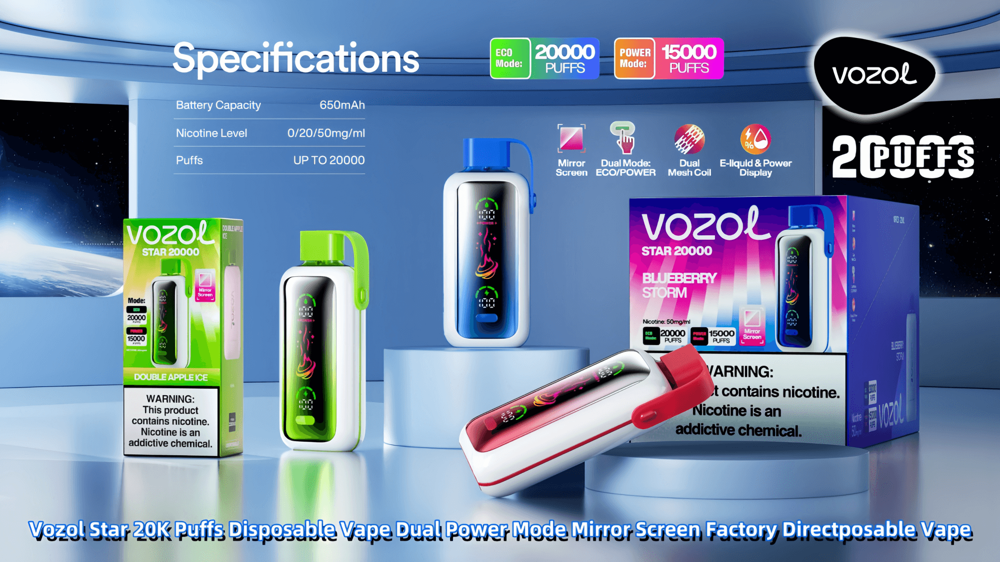 Werbebild, das die Einweg-Vaporizer Vozol Star 20K Puffs in verschiedenen Farben mit Spezifikationen wie zwei Leistungsmodi, Spiegelbildschirm und Optionen für Nikotingehalt und Zuganzahl zeigt.