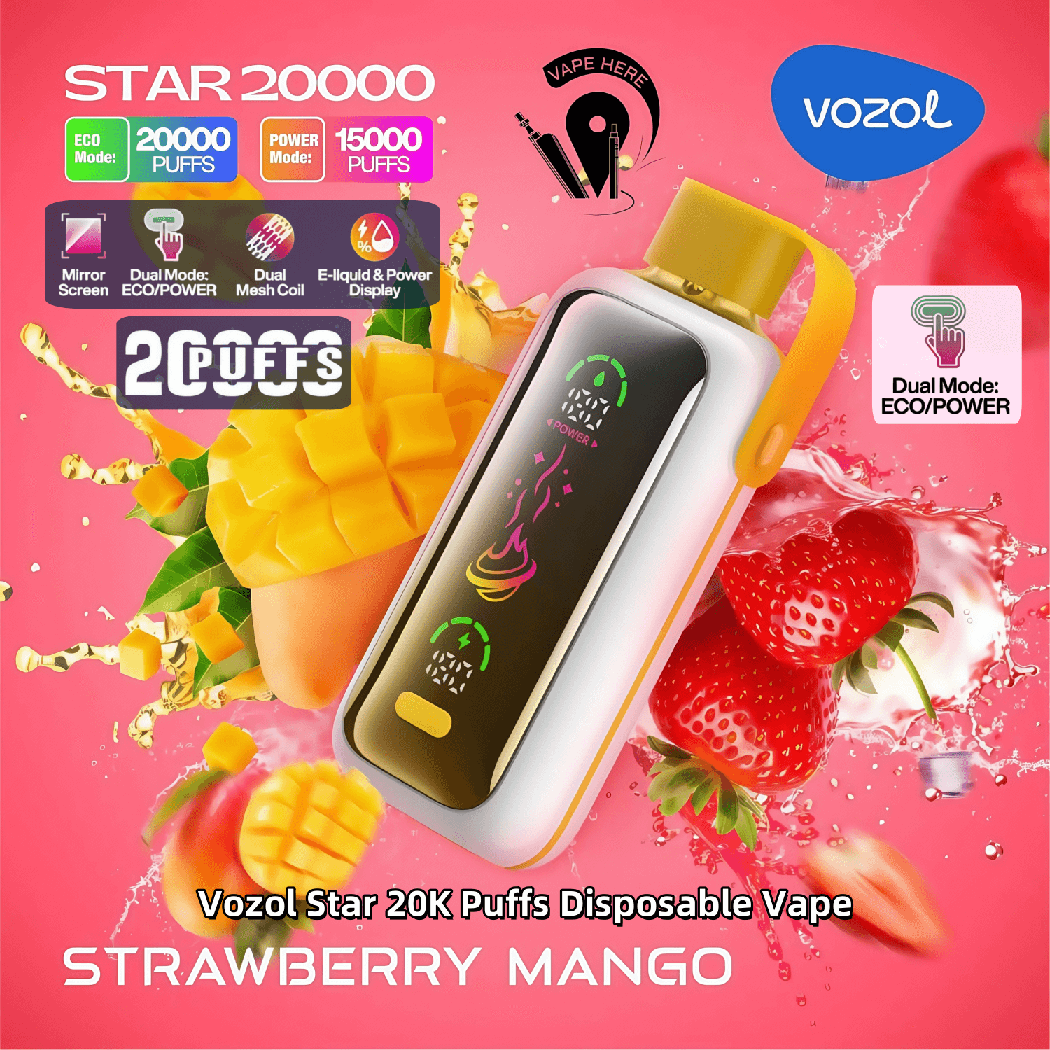Vozol Star 20000 20K Puffs Disposable Vape 5% Nicotine 21Tastes Dual Power  Mode Mirror Screen Factory Direct