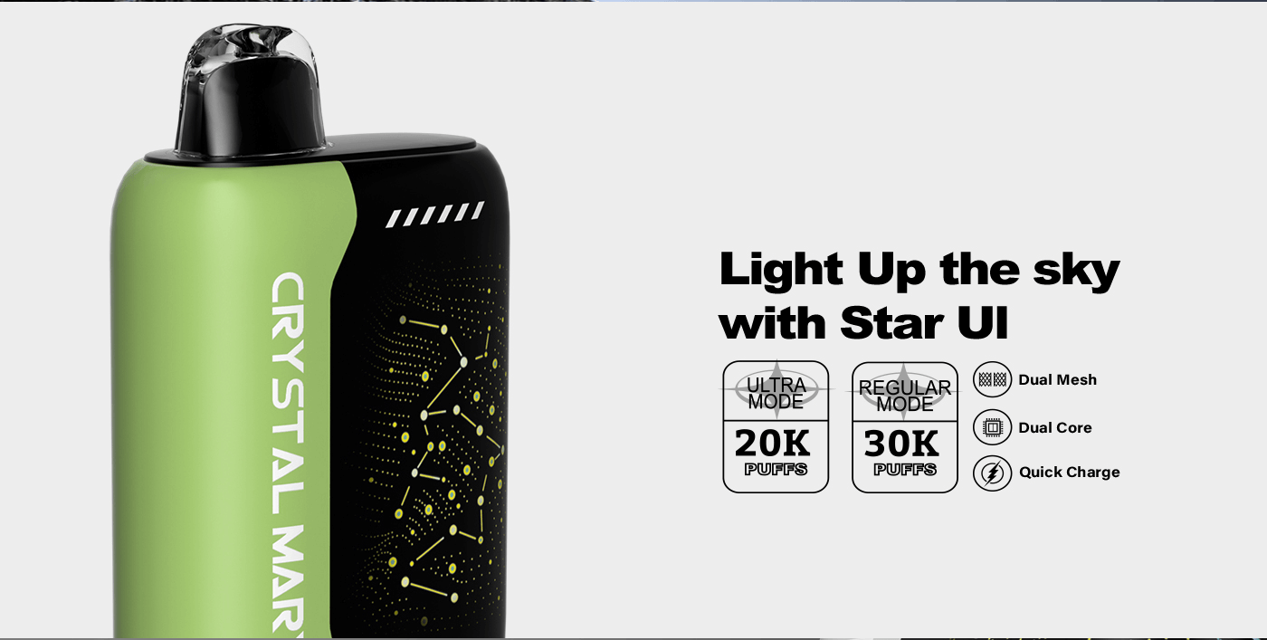 Promotional ad for the Crystal Mar vaping device, featuring a green and black design, highlighted specifications, and text emphasizing 'Light Up the Sky with Star UI' with features like Dual Mesh and Quick Charge.