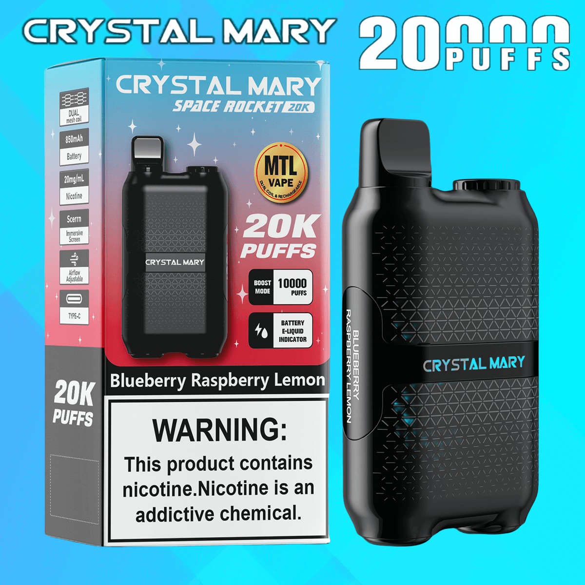 Crystal Mary Space Rocket 20000 20K Puffs Disposable Vape 2% Nicotine  10Tastes With Lmmersive Screen Vape Factory Direct