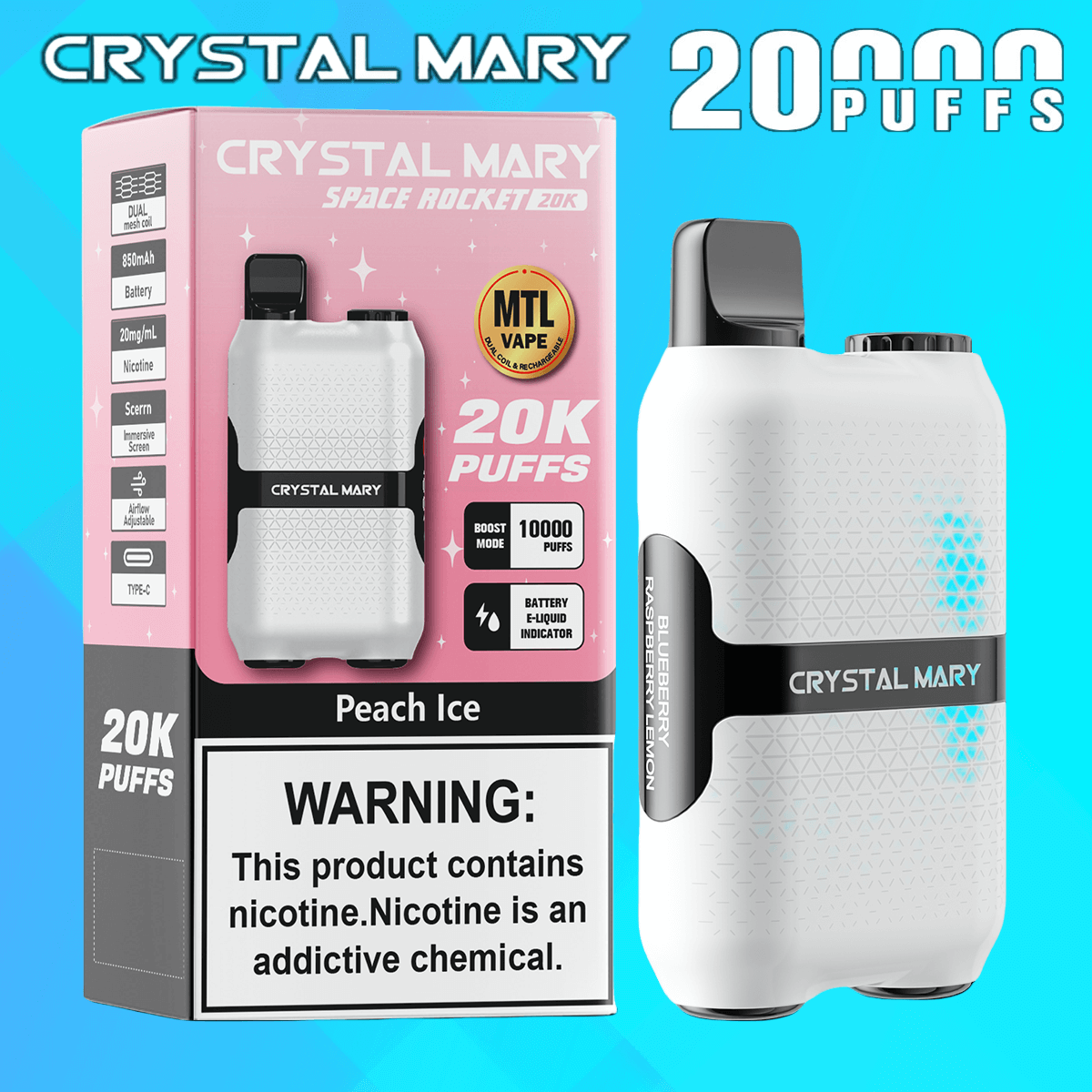 Crystal Mary Space Rocket 20000 20K Puffs Disposable Vape 2% Nicotine  10Tastes With Lmmersive Screen Vape Factory Direct