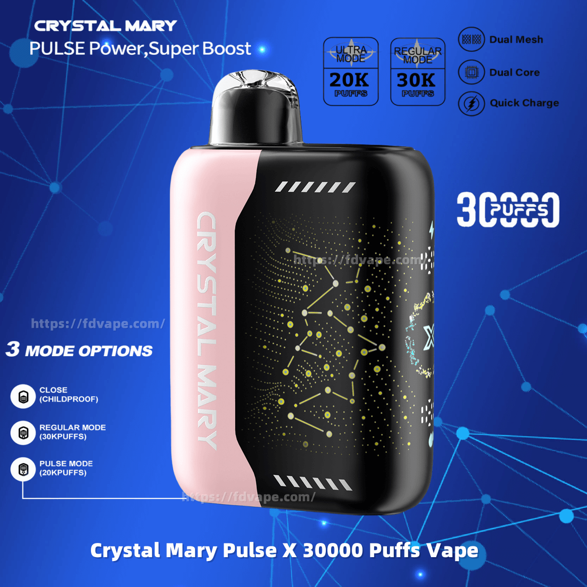 Crystal Mary Pulse X 30000 30K Puffs Disposable Vape Dual Cesh Coil 3Mode  Options 5% Nicotine 10Tastes Starry Screen Vape Factory Direct