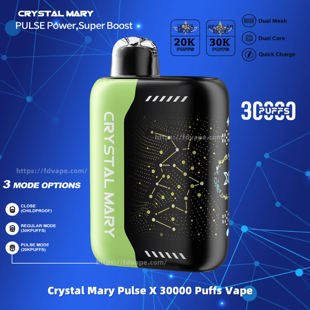 Crystal Mary Pulse X 30000 30K Puffs Einweg-Vape Dual Cesh Coil 3 Modus-Optionen 5% Nikotin 10 Geschmacksrichtungen Sternenbildschirm Vape Direkt ab Werk - FDVAPE Crystal Mary Pulse X 30000 30K Puffs Einweg-Vape Dual Cesh Coil 3 Modus-Optionen 5% Nikotin 10 Geschmacksrichtungen Sternenbildschirm Vape Direkt ab Werk - FDVAPE