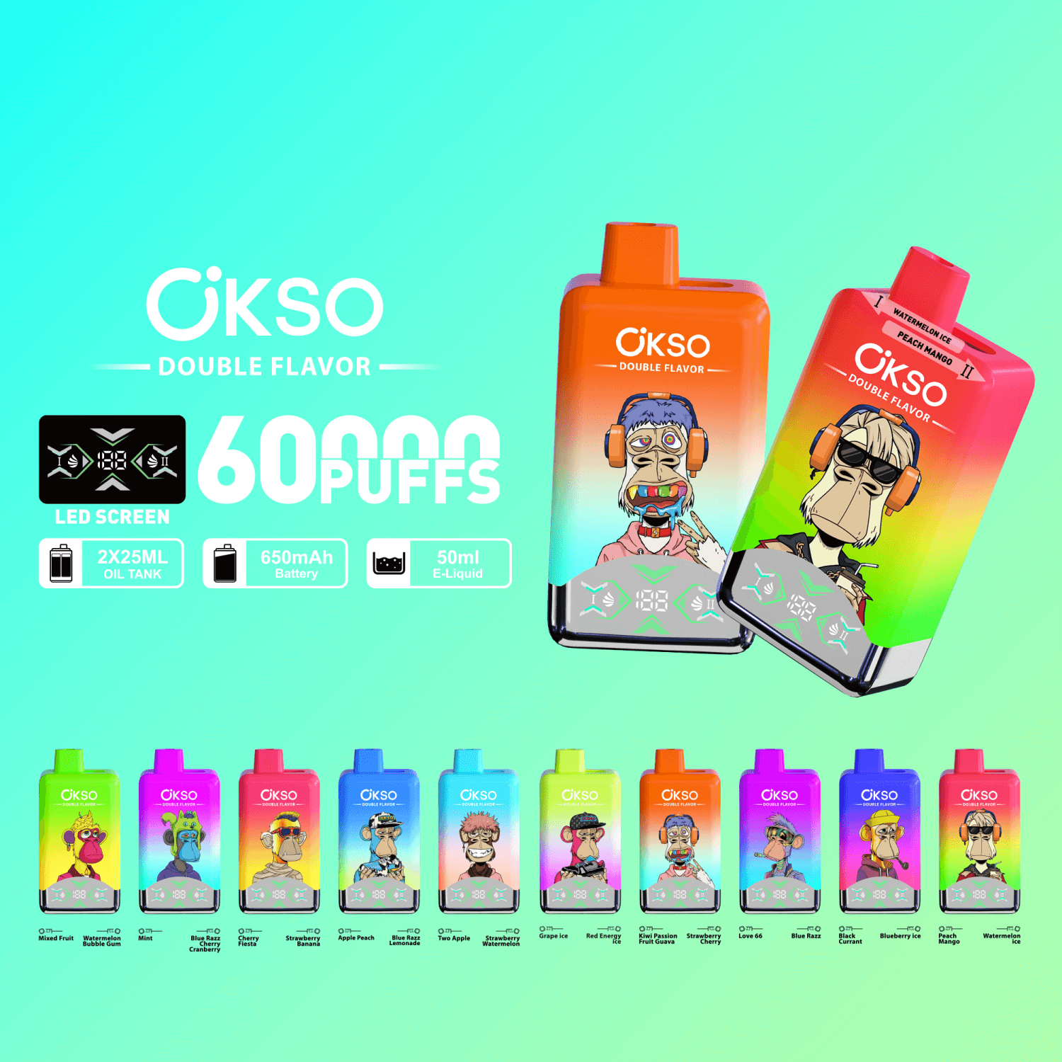 Promotional image showcasing OKSO vape devices with a 60,000 puff capacity, featuring LED screens, dual flavor options, vibrant designs, and details about battery size and e-liquid capacity.
