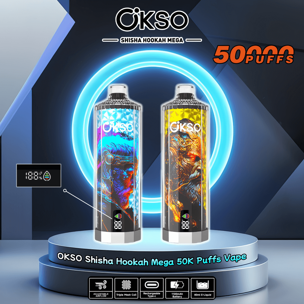 OKSO Shisha Hookah Mega 50000 50K Puffs Disposable Vape 0% 2% 3% 5%  Nicotine 10Tastes LED Display Factory Direct
