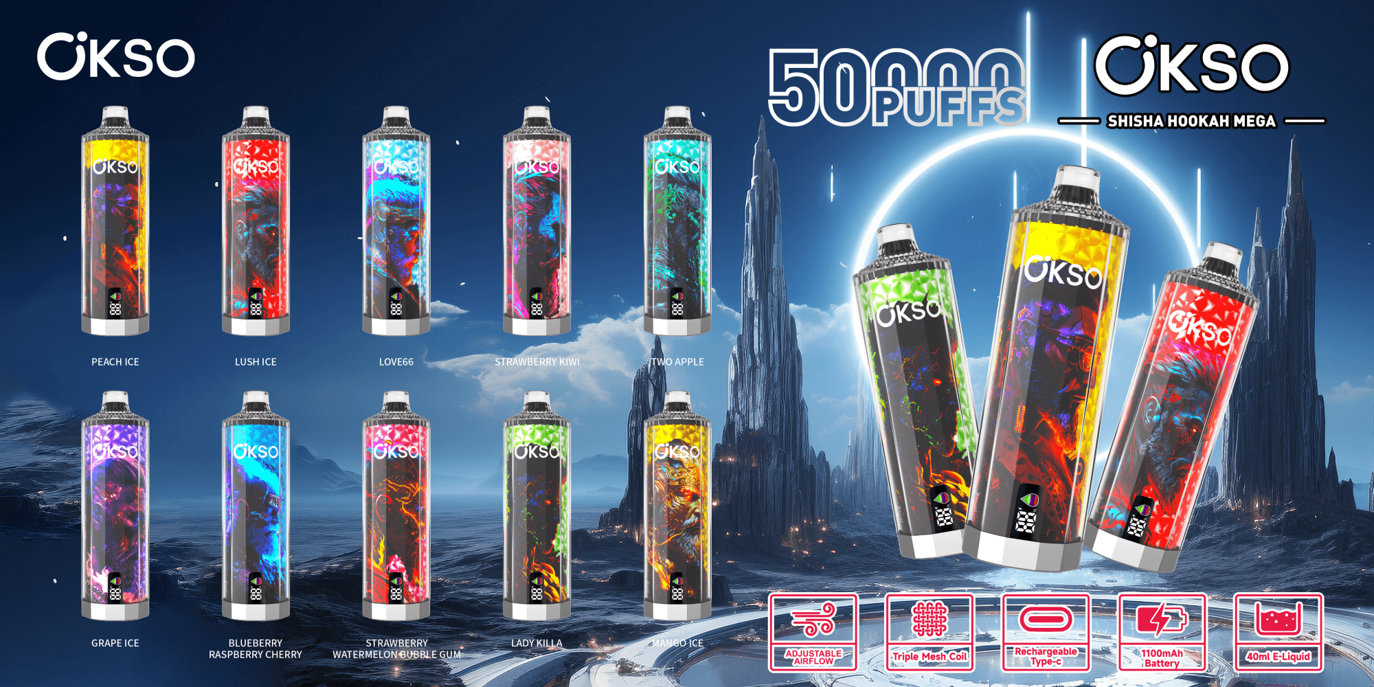 Image promotionnelle présentant les appareils de vape OKSO Shisha Hookah Mega dans différentes saveurs, dans un paysage futuriste, mettant en évidence des fonctionnalités telles que 50 000 bouffées, une bobine en maille, une charge de type C, une batterie de 1 100 mAh et une capacité de e-liquide de 40 ml.