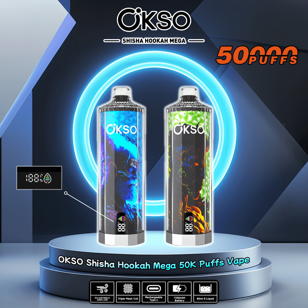 OKSO Shisha Hookah Mega 50000 50K Puffs Disposable Vape 0% 2% 3% 5%  Nicotine 10Tastes LED Display Factory Direct
