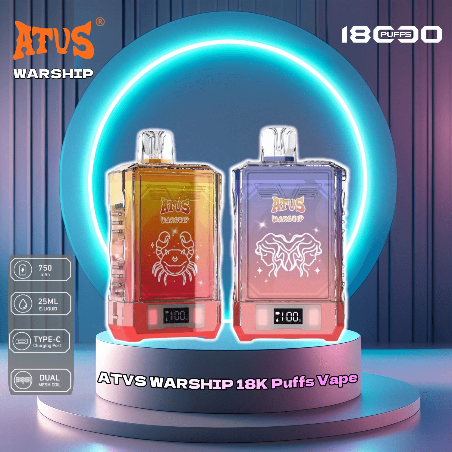 ATVS WARSHIP 18000 18k Puffs Disposable Vape With Dual Cesh Coil 2% 5%  Nicotine 14Tastes LED Display / Vape Factory Direct