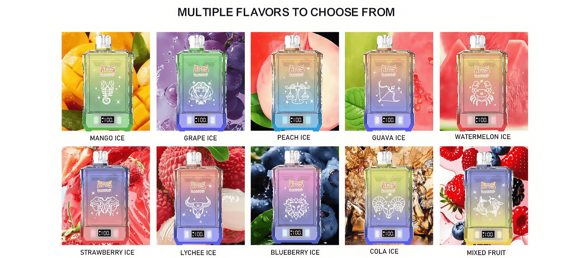 Imagen que muestra una selección de diez dispositivos de vapeo coloridos, cada uno etiquetado con sabores únicos, incluidos Mango Ice, Grape Ice, Peach Ice y otros, con imágenes de frutas correspondientes en el fondo.