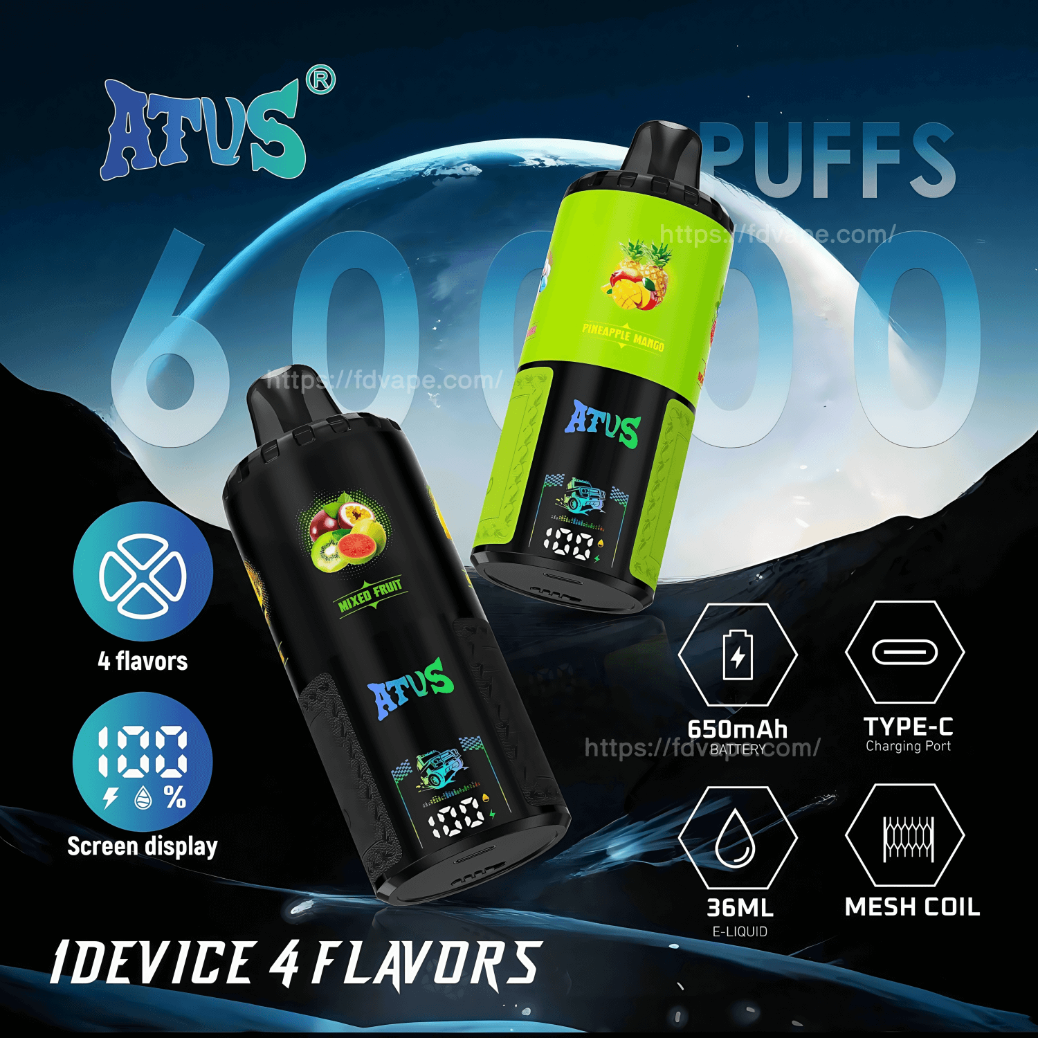 atus vape 60000 puffs ATVS Warship 60000 60k Puffs 4 in 1 Flavors Disposable Vape 4 Adjustable  Flavors 5% Nicotine 6Tastes With Screen Display | Vape Factory Direct