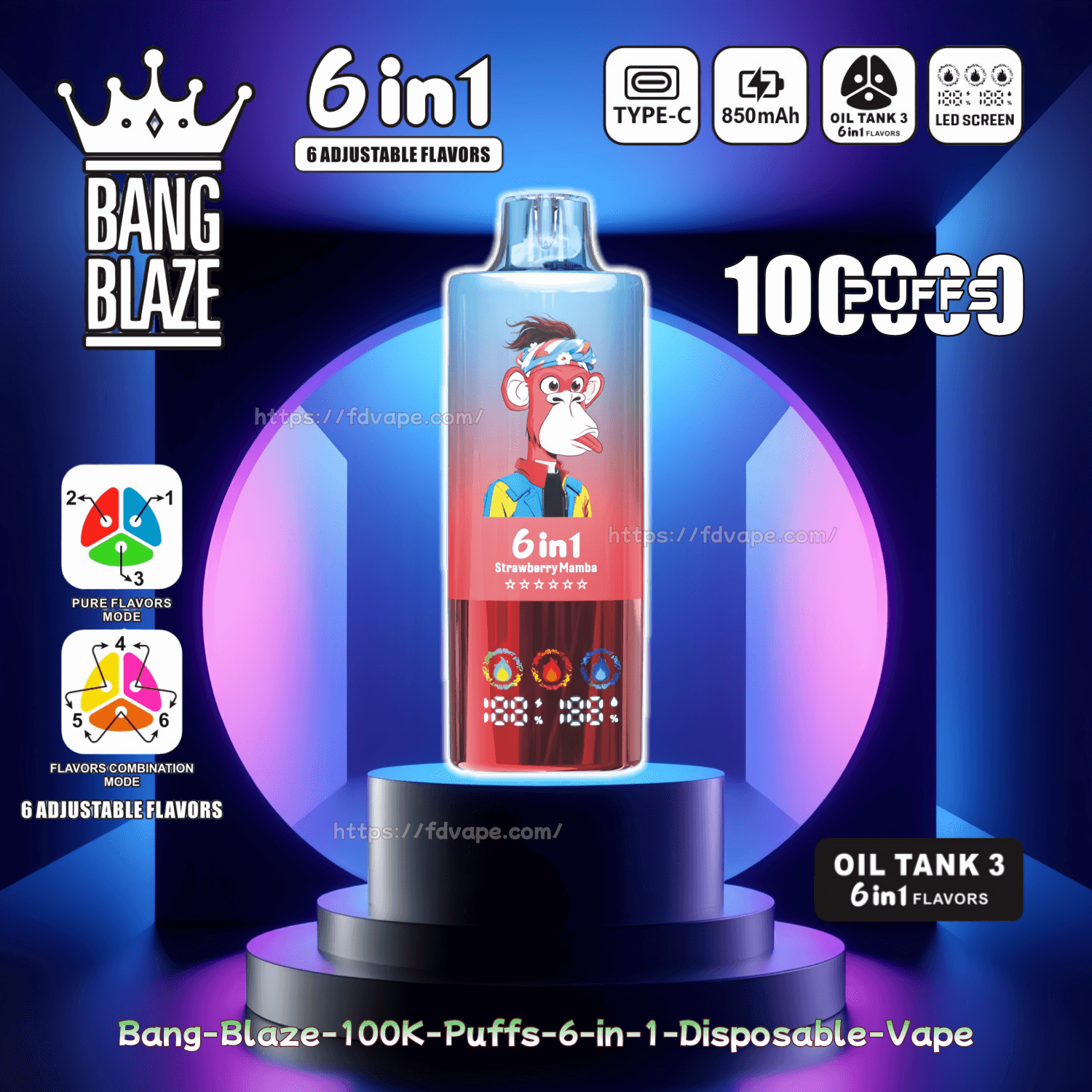 Bang Blaze 100000 100K Puffs 6 in 1 Disposable Vape 6 Adjustable Flavors 0%  2% 3% 5% Nicotine 10Tastes LED Smart Screen | Vape Factory Direct - FDVAPE
