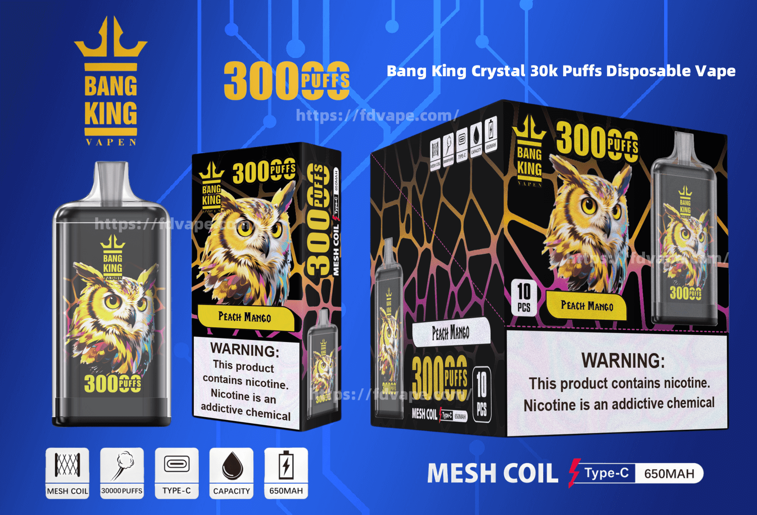 Bang King Crystal 30000 30k Puffs Disposable Vape Pen 2% 3% 5% Nicotine  12Tastes Clean Premium And Stylish | Vape Factory Direct - FDVAPE
