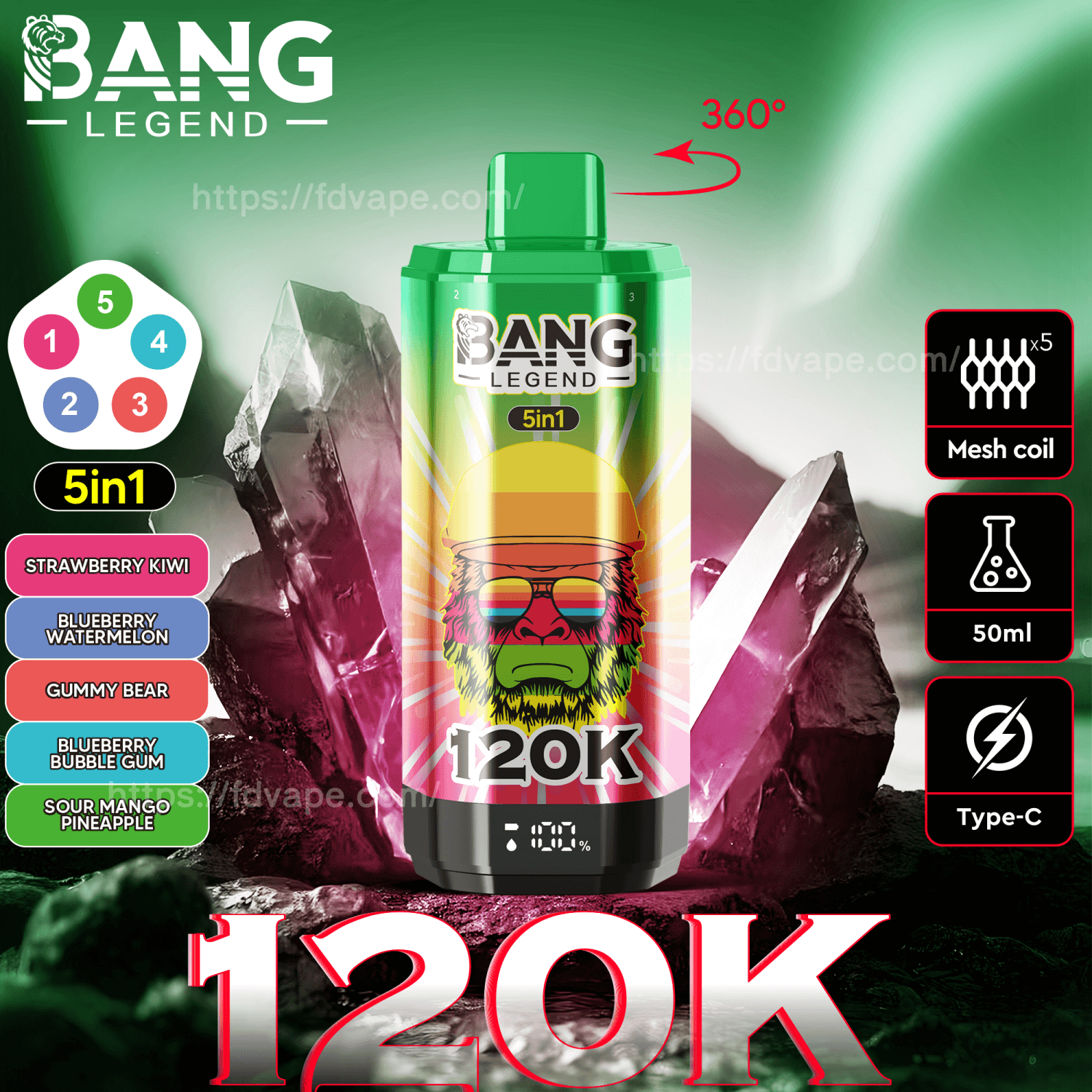 Bang Legend 120000 120K Puffs 5 in 1 Flavors Disposable Vape Adjustable  Flavors 0% 2% 3% 5% Nicotine 12Tastes LED Display | Vape Factory Direct -  FDVAPE