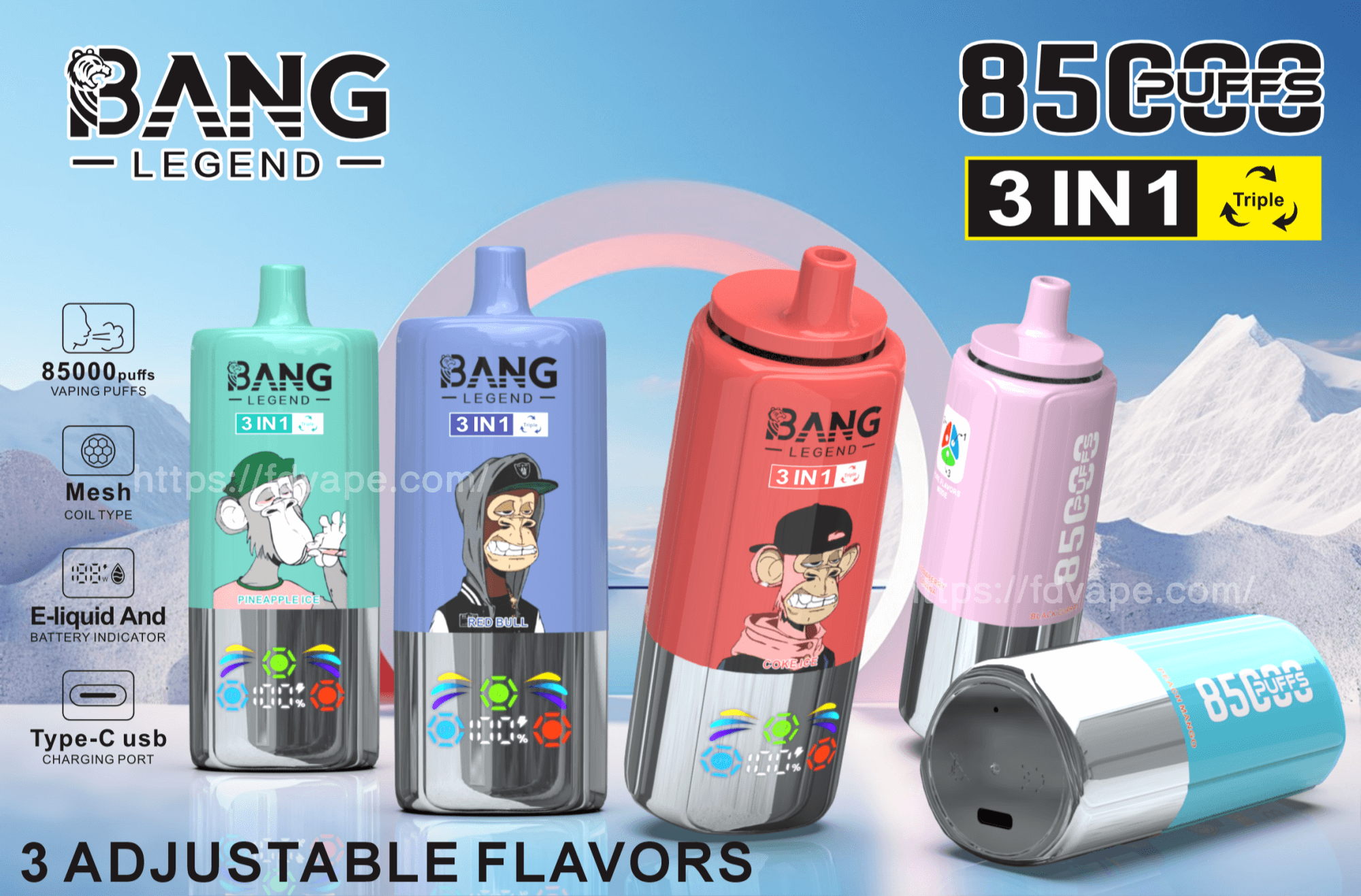 Promotional image showcasing 'Bang Legend' branded disposable vaping devices with 85,000 puffs capacity, 3-in-1 adjustable flavors, and Type-C USB charging, surrounded by a snowy mountain landscape.