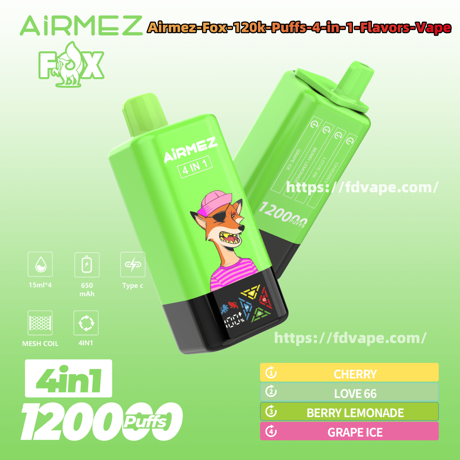 Airmez Fox 120.000 120.000 Puffs 4 in 1 Geschmacksrichtungen Einweg-Vape 0%  2% 3% 5% Nikotin 10 Geschmacksrichtungen Intelligentes LED-Display