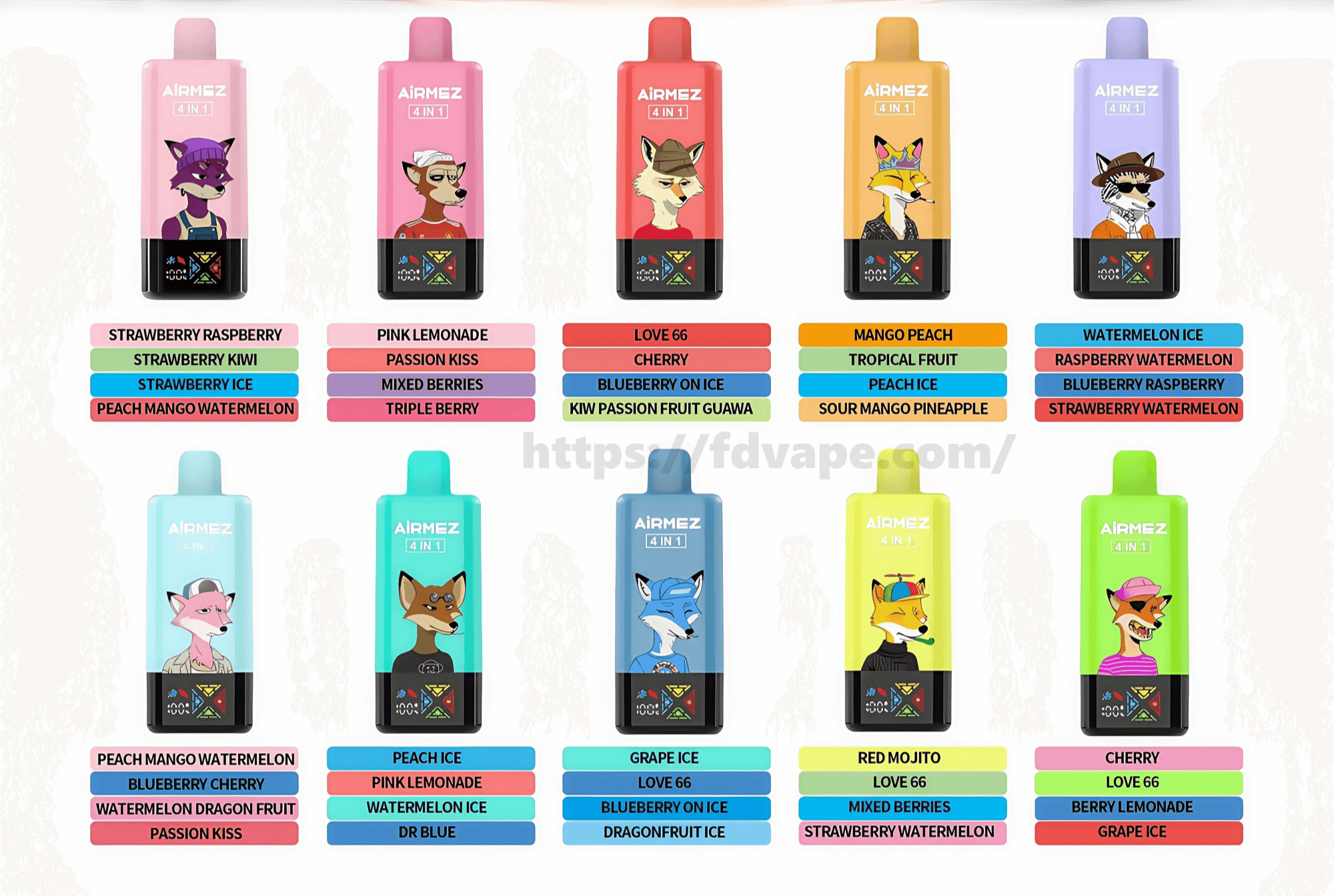 Twelve colorful Airmez 4-in-1 vaping devices arranged in a grid, each featuring a unique stylized fox illustration on the body and stacked colored bars beneath listing multiple flavor names (examples include strawberry raspberry, peach mango watermelon, pink lemonade, blueberry on ice, mango peach, watermelon ice, grape ice, red mojito and cherry).