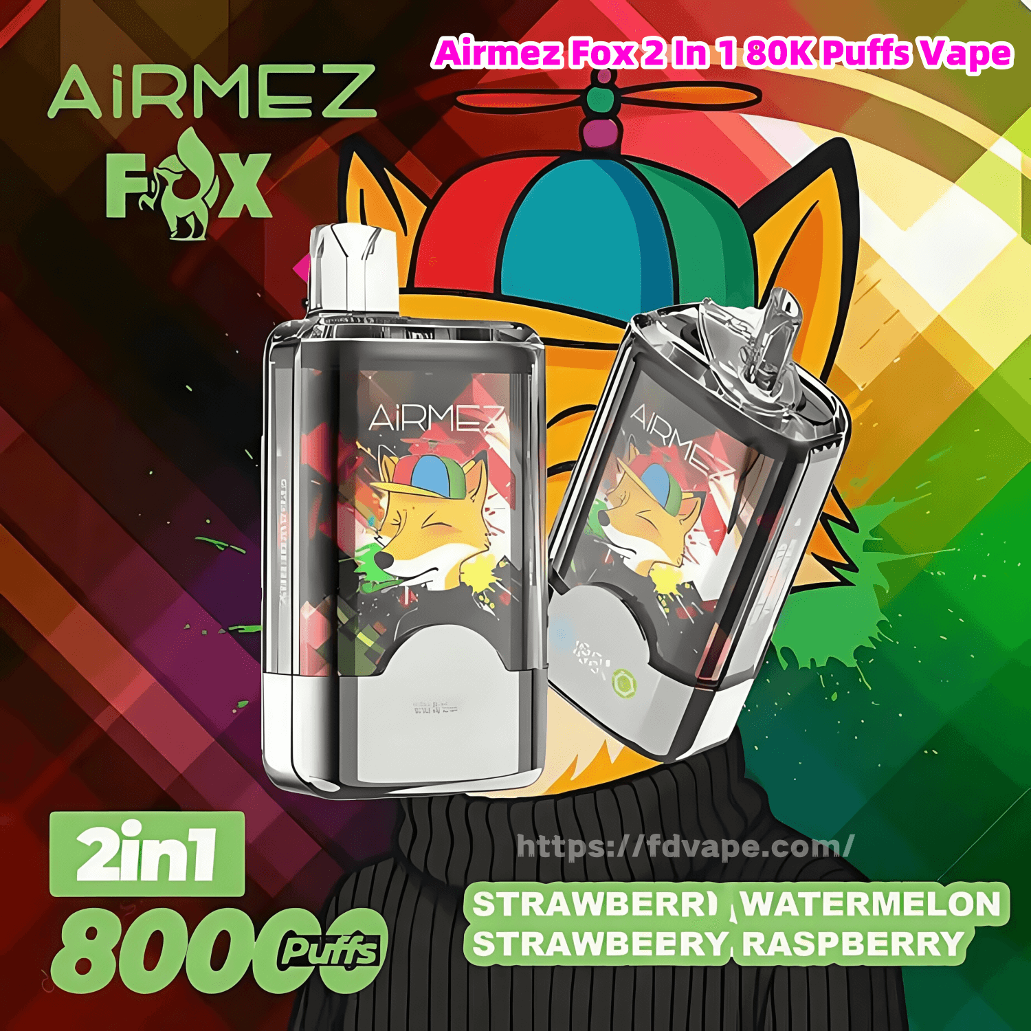 Airmez Fox 2 In 1 80000 80K Puffs Dual Flavours Einweg-Vape 0% 2% 3% 5%  Nikotin 10Tastes Smart LED Display | Vape Factory Direct - FDVAPE