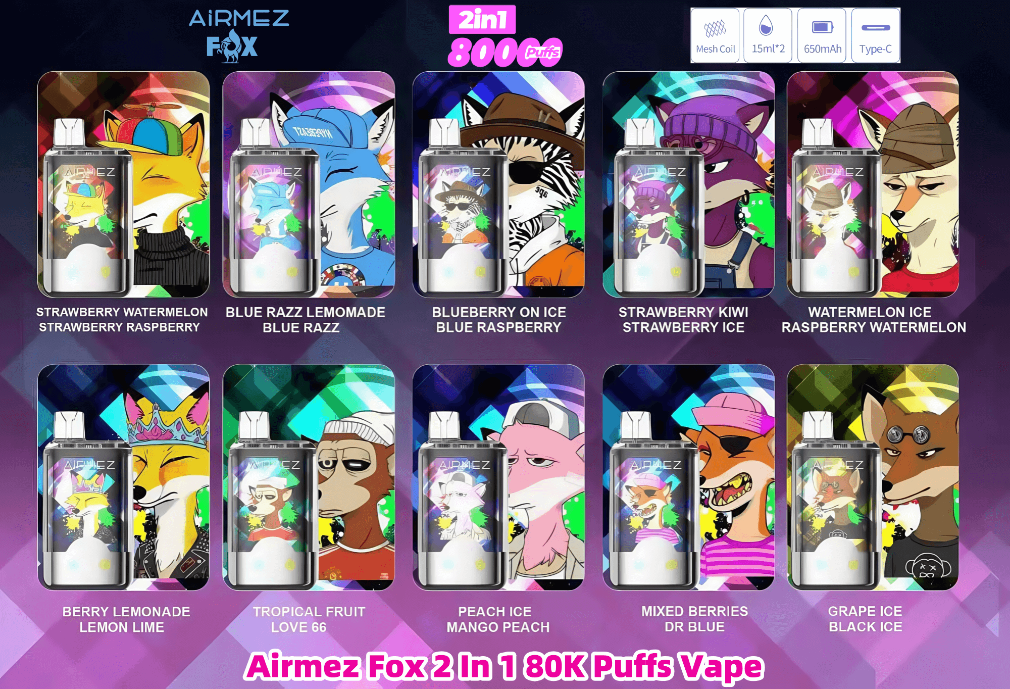 Airmez Fox 2 In 1 80000 80K Puffs Dual Flavors Disposable Vape 0% 2% 3% 5%  Nicotine 10Tastes Smart LED Display | Vape Factory Direct - FDVAPE