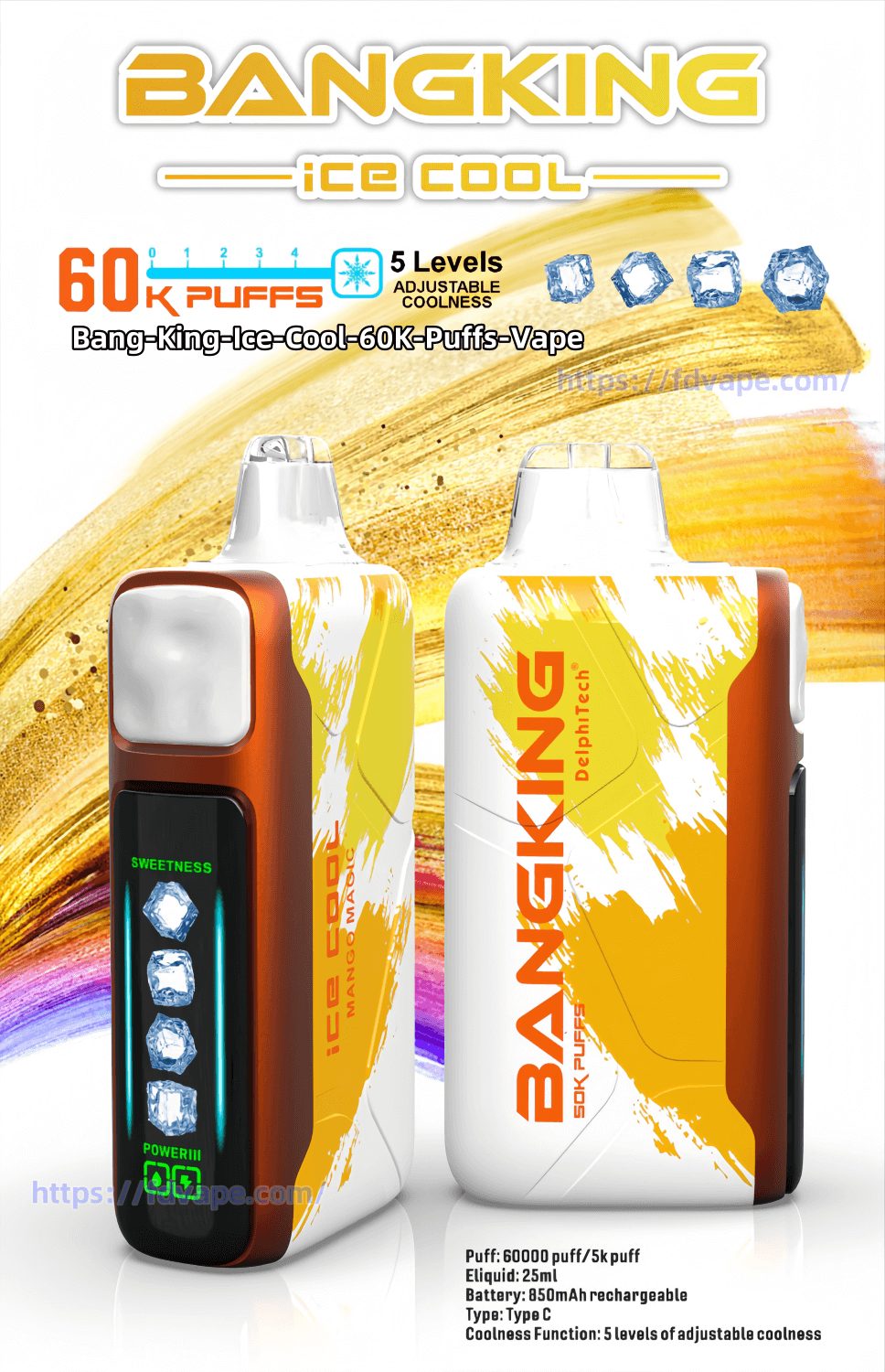 BANG KING ICE COOL 60000 60K PUFFS DOPALABLE VAPE 5レベル調整可能