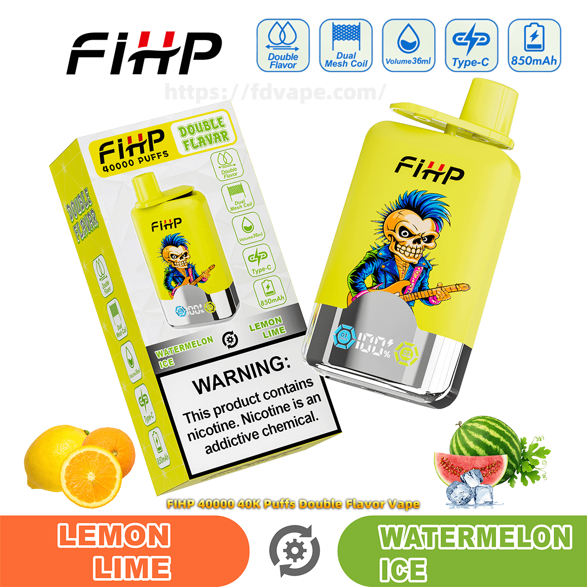 FIHP 40000 40K Puffs Double Flavors Disposable Vape 2% 5% Nicotine 16Tastes  Smart LED Display | Vape Factory Direct
