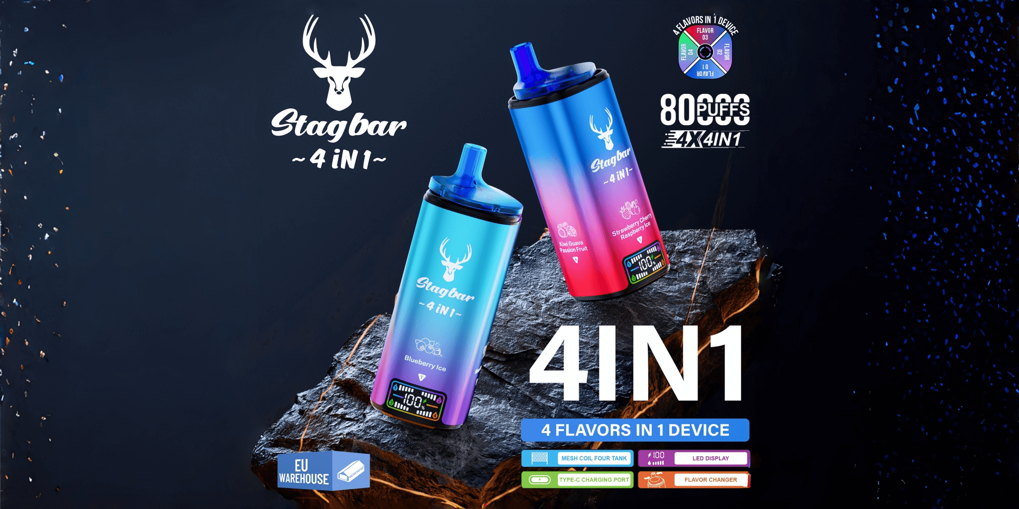 Two gradient blue-to-pink Stagbar 4-in-1 disposable vape devices with deer logo and small LED displays perched on a dark rocky slab against a navy background with large '4IN1' and '4 flavors in 1 device' text.