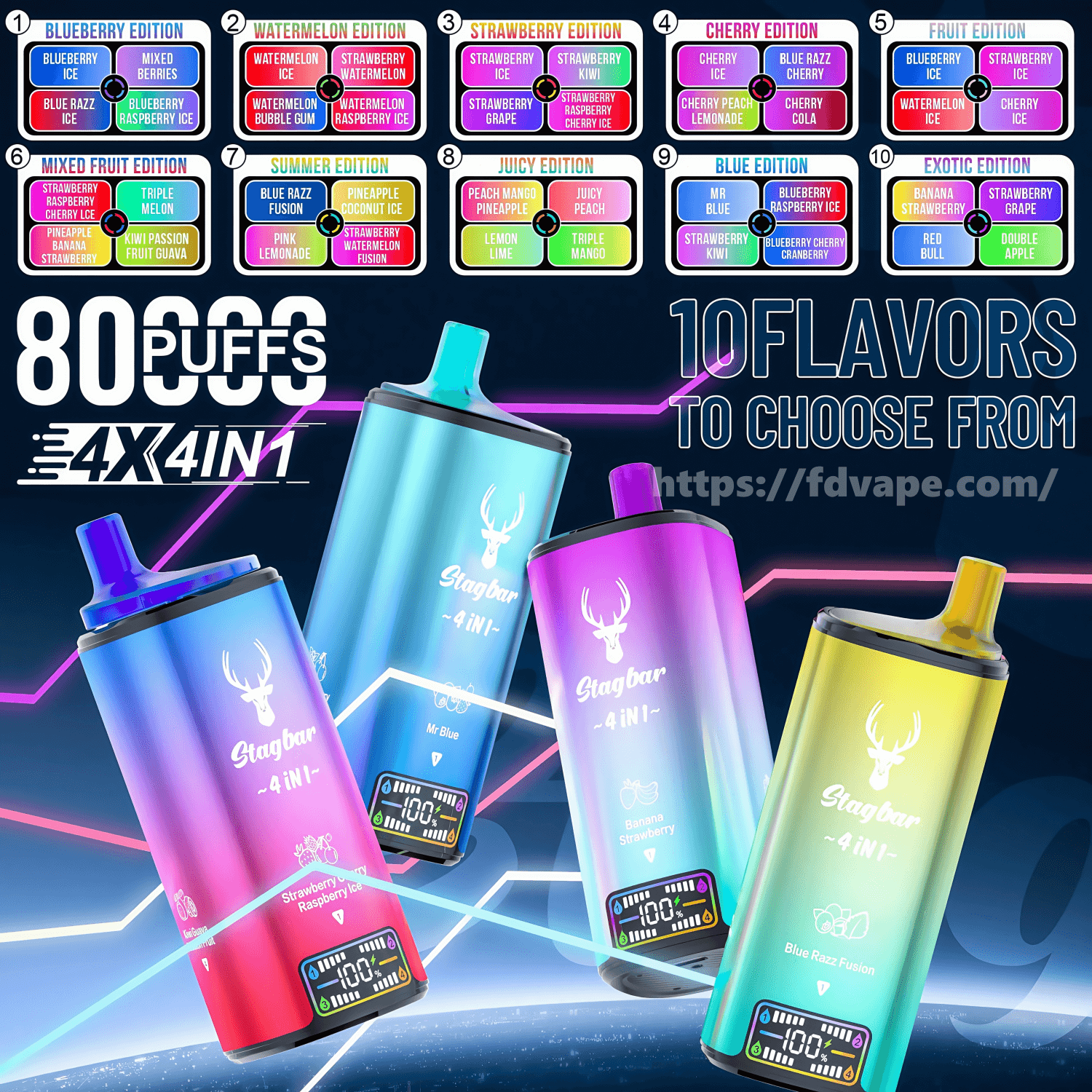 Stag Bar 4 In 1 80000 80K Puffs Vier Geschmacksrichtungen Einweg-Vape 2%  Nikotin 10 Geschmacksrichtungen Intelligentes LED-Display