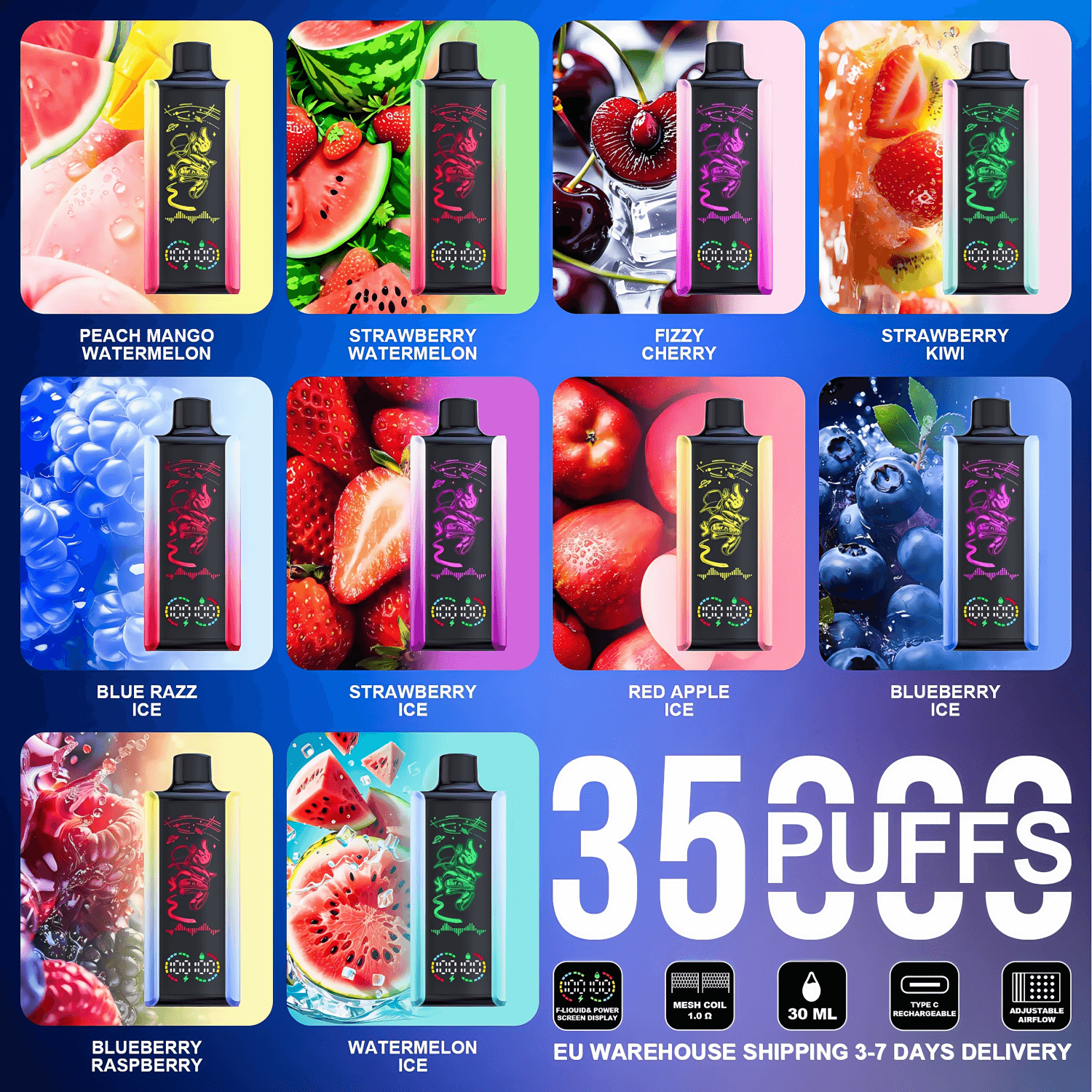 Grid of twelve colorful disposable vape devices shown with bright fruit backgrounds and labeled flavors (examples include Peach Mango Watermelon, Strawberry Watermelon, Fizzy Cherry, Strawberry Kiwi, Blue Razz Ice, Strawberry Ice, Red Apple Ice, Blueberry Ice, Blueberry Raspberry, Watermelon Ice), each device a black rectangular pod with a multicolored side panel and dragon logo, centered by large text reading 35,000 PUFFS and small icons indicating mesh coil, 30 mL, USB‑C rechargeability and adjustable airflow.