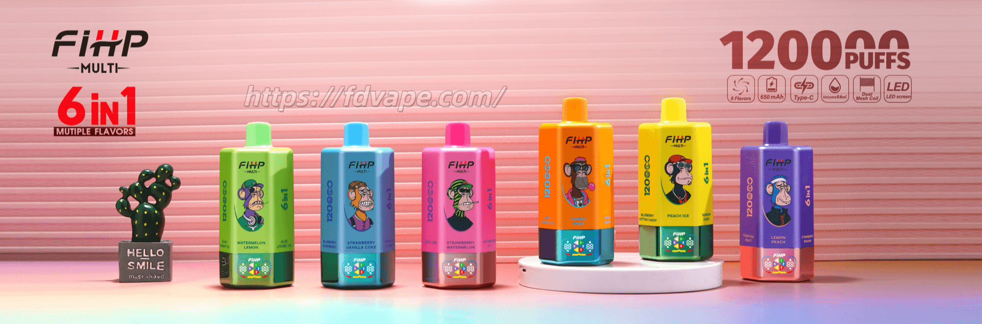 Row of six brightly colored FIHP Multi disposable vape devices featuring cartoon ape illustrations and 6-in-1/12000 puffs branding, displayed on a pink striped background with product icons and a small cactus figurine labeled 'HELLO SMILE'.