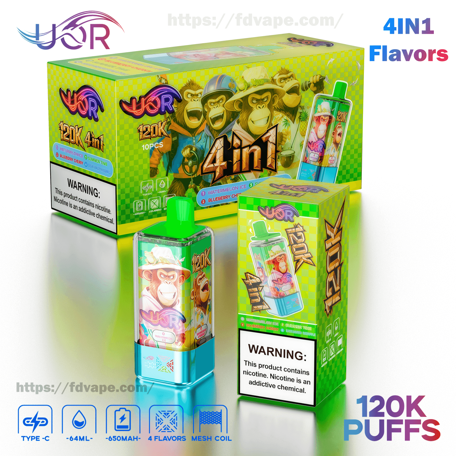 UOR 120000 120k Puffs 4 in 1 Flavors Disposable Vape 4 Adjustable Flavors  2% 5% Nicotine 10Tastes Smart Display | Vape Factory Wholesale - FDVAPE