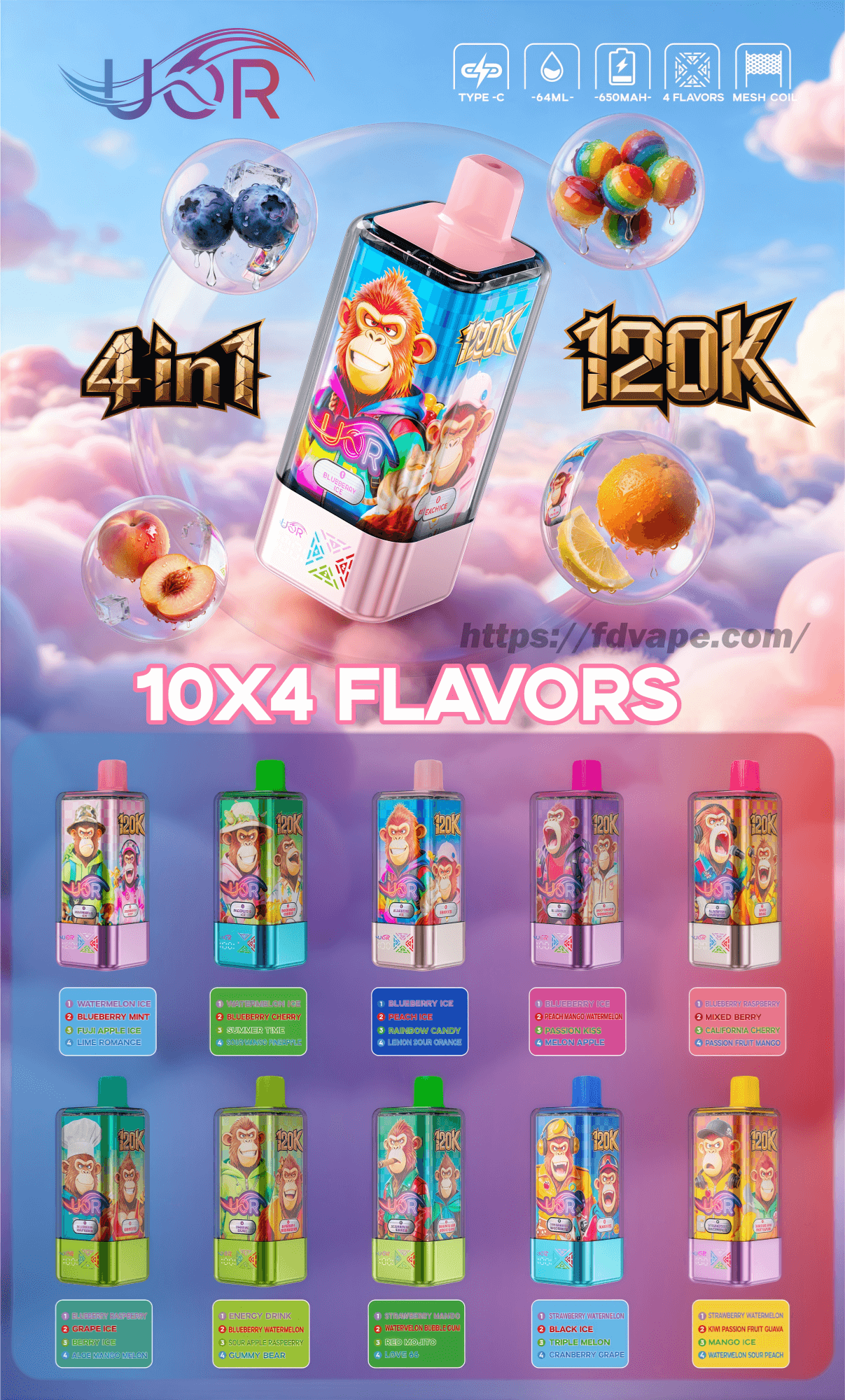 Colorful promotional poster showing a pink-capped disposable vape with cartoon monkey artwork floating among pastel clouds, large “120K” and “4in1” labels, fruit-filled bubbles, icons for Type-C/64ML/650mAh/4 flavors/mesh coil, and a lower grid displaying ten brightly colored device variants with flavor lists under the heading “10x4 Flavors”.