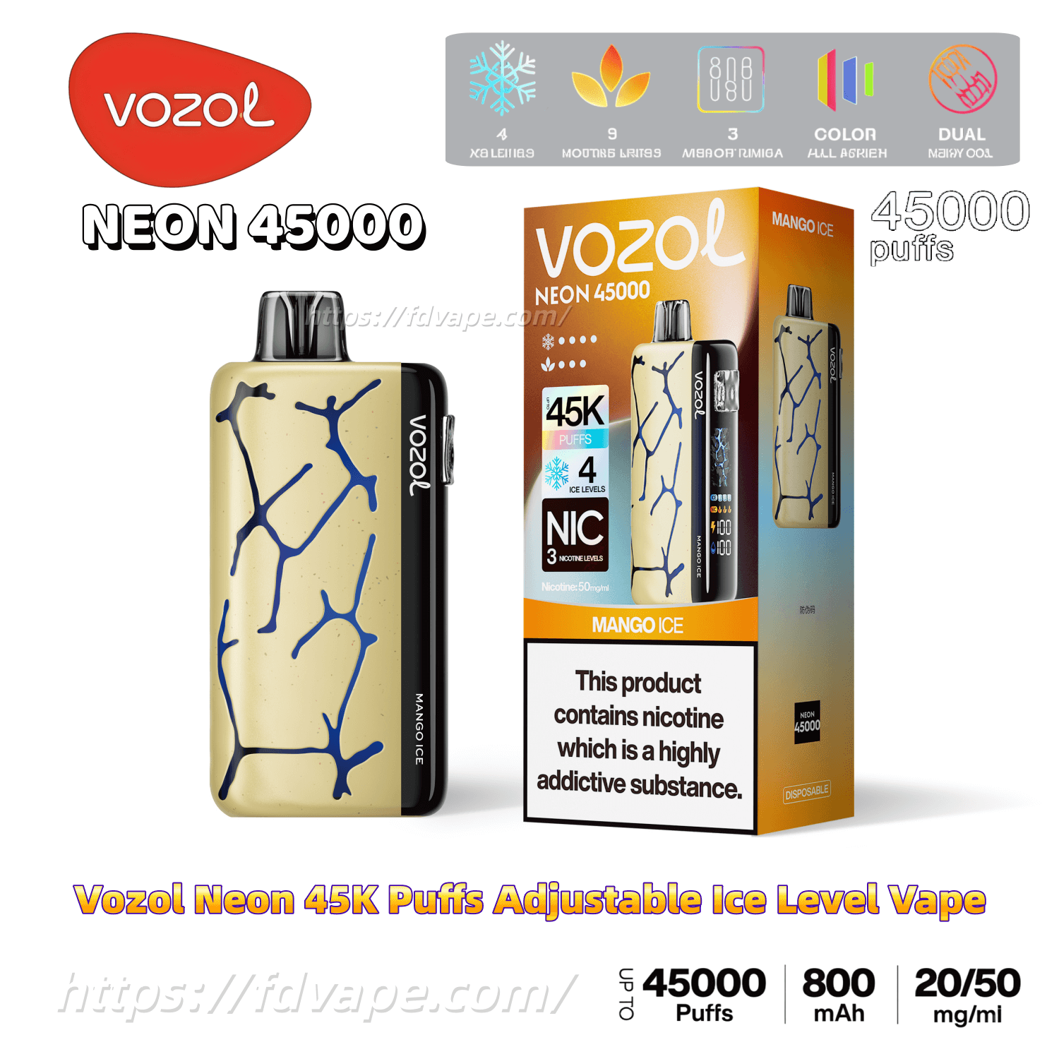 Vozol Neon 45000 45K Puffs Adjustable 4 Ice Level Disposable Vape 5%  Nicotine 26Tastes Smart Display | Vape Factory Wholesale