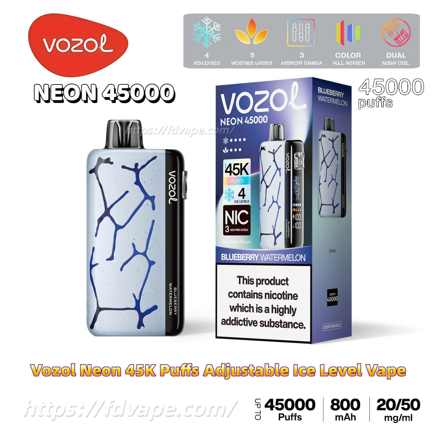 Vozol Neon 45000 45K Puffs Adjustable 4 Ice Level Disposable Vape 5%  Nicotine 26Tastes Smart Display | Vape Factory Wholesale