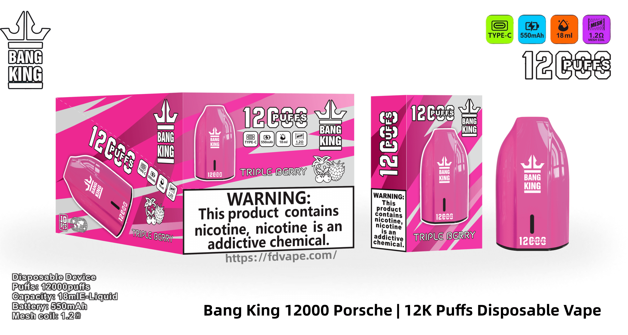Bang King 12000 Porsche 12K Puffs Disposable Vape 0% 2% 3% 5% Nicotines  12Tastes Rechargeable Battery Vape Factory Wholesale - FDVAPE