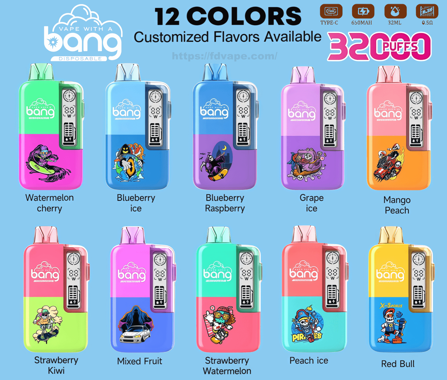 Promotional layout of brightly colored Bang disposable vape devices in two rows with cartoon graphics and flavor labels—Watermelon Cherry, Blueberry Ice, Blueberry Raspberry, Grape Ice, Mango Peach, Strawberry Kiwi, Mixed Fruit, Strawberry Watermelon, Peach Ice and Red Bull—plus header text '12 COLORS Customized Flavors Available' and icons for Type‑C, 650mAh, 32ML and '3200 PUFFS'.