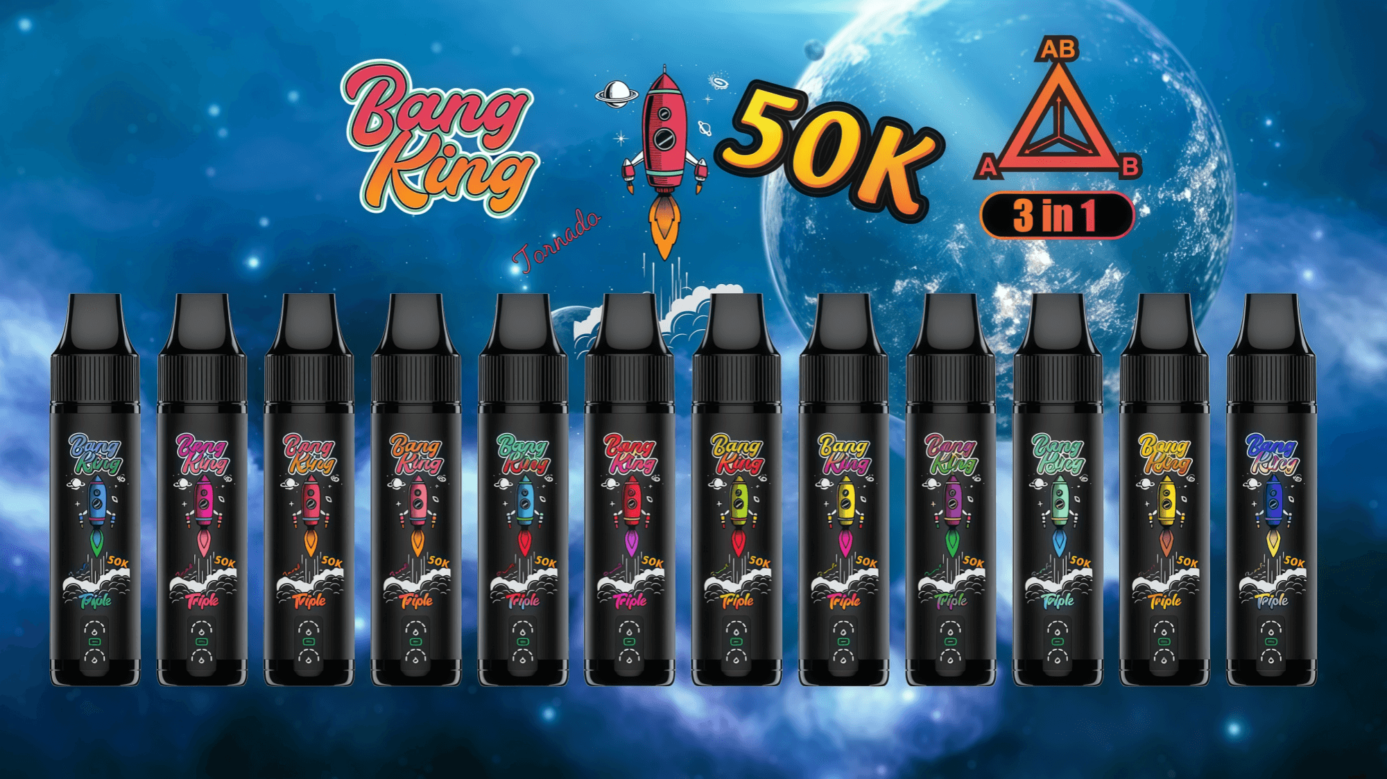 Reihe schwarzer Einweg-Vape-Pens mit farbenfrohen Raketengrafiken und Bang King-Branding, angezeigt unter einem großen "50K"-Abzeichen und einem "3-in-1"-Emblem vor einem blauen Weltraumhintergrund mit der Erde.