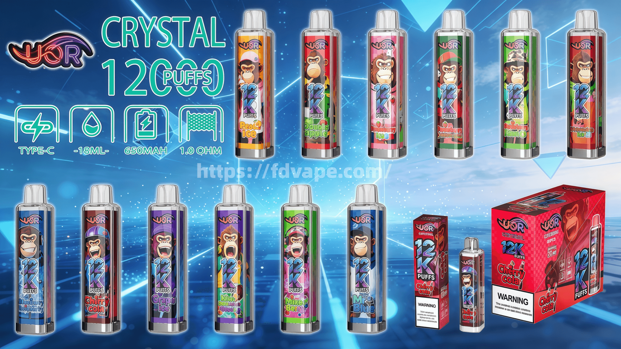 Row of colorful vape pens with monkey graphics and 12K Puffs labels, plus a red Cherry Cola packaging box on the right.
