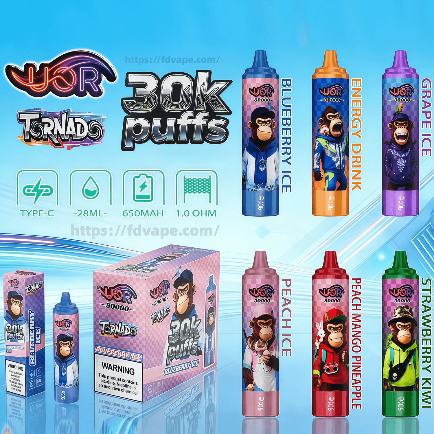 VOR 30k Puffs disposable vapes with monkey mascots in Blueberry Ice, GRAPE ICE, and Energy Drink flavors.