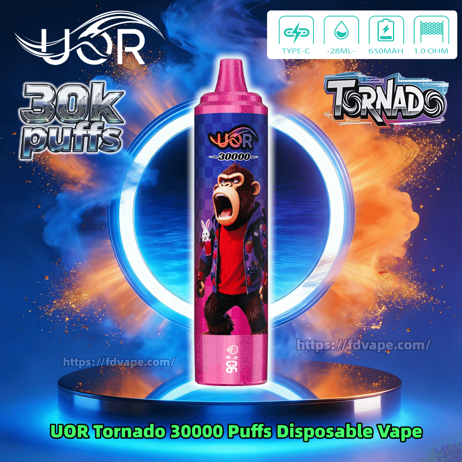 UOR Tornado 30000 30K Puffs Disposable Vape 2% 5% Nicotin 10Tastes  Rechargeable LED Display Vape Factory Wholesale