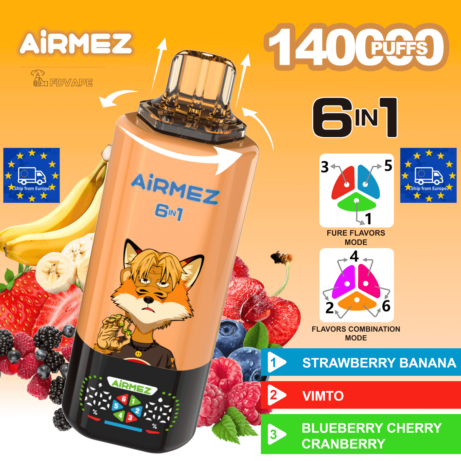 Airmez FOX 140000 140K Puffs 6 in 1 Flavors Disposable Vape Shipment From  EU 2% Nicotines 10Tastes Smart Display Vape Factory Wholesale - FDVAPE