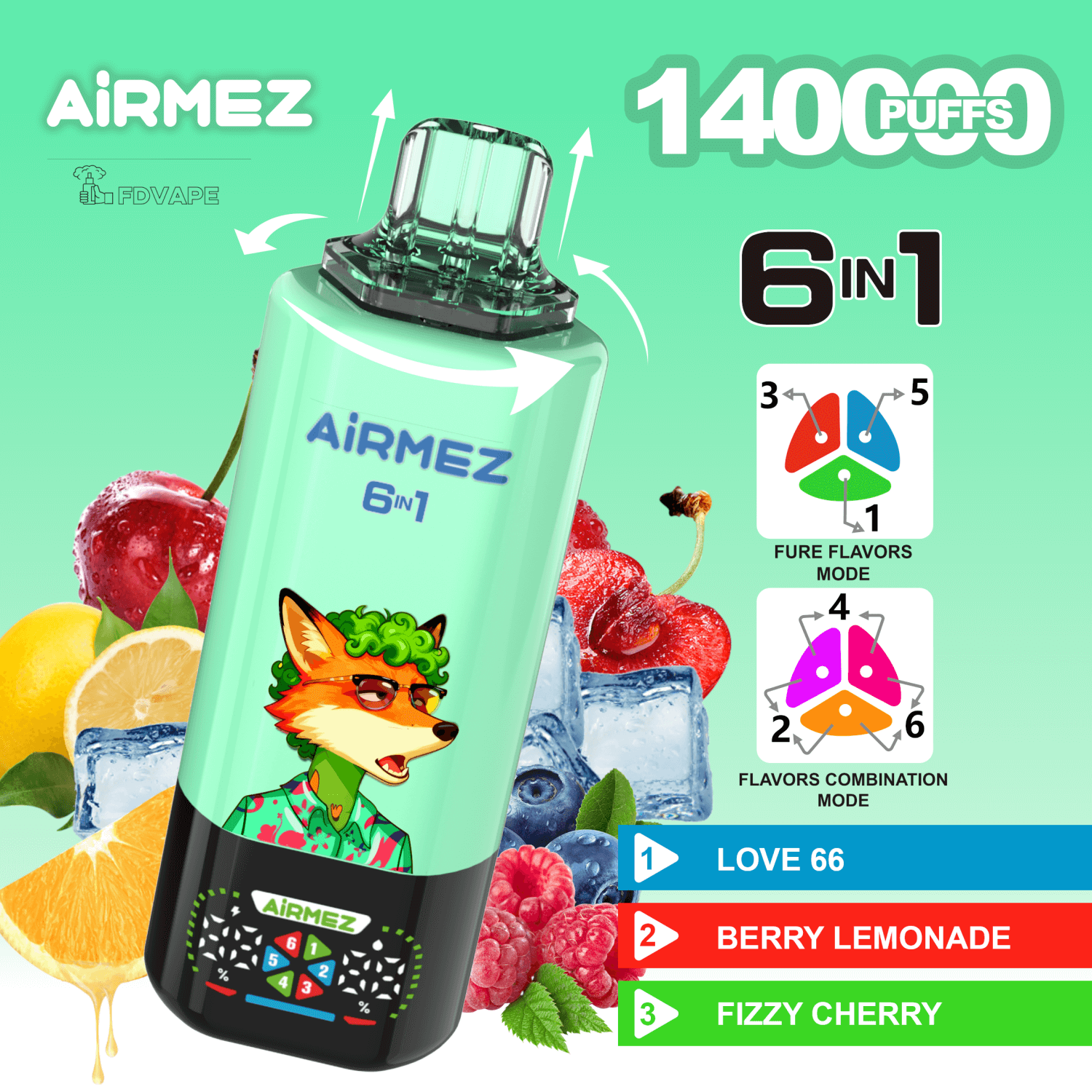 Airmez FOX 140000 140K Puffs 6 em 1 Sabores Vape Descartável 0% 2% 3% 5%  Nicotinas 10Tastes Smart Display Vape Fábrica Atacado