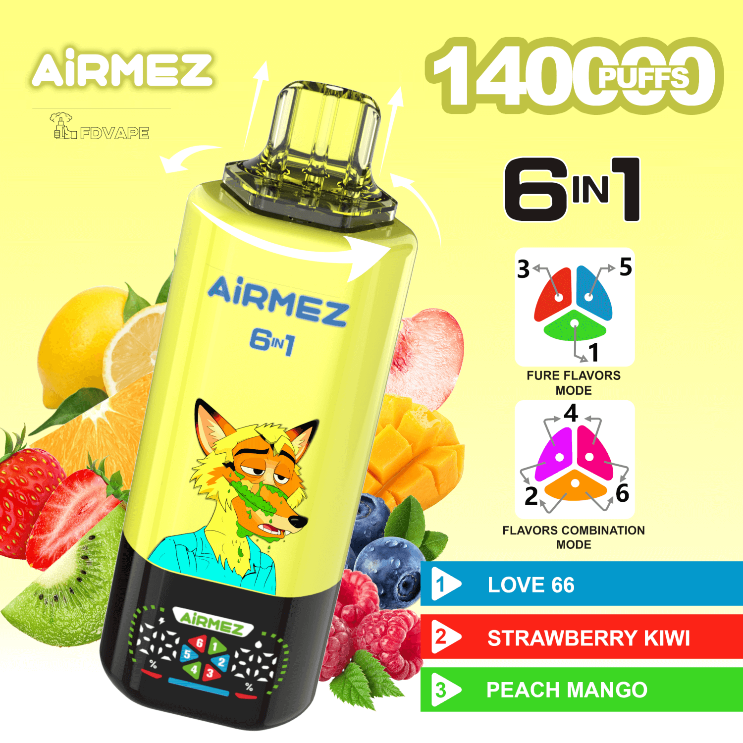 Airmez FOX 140000 140K Puffs 6 em 1 Sabores Vape Descartvel 0% 2% 3% 5% Nicotinas 10Tastes Smart Display Vape Fbrica Atacado - FDVAPE Airmez FOX 140000 140K Puffs 6 em 1 Sabores Vape Descartvel 0% 2% 3% 5% Nicotinas 10Tastes Smart Display Vape Fbrica Atacado - FDVAPE