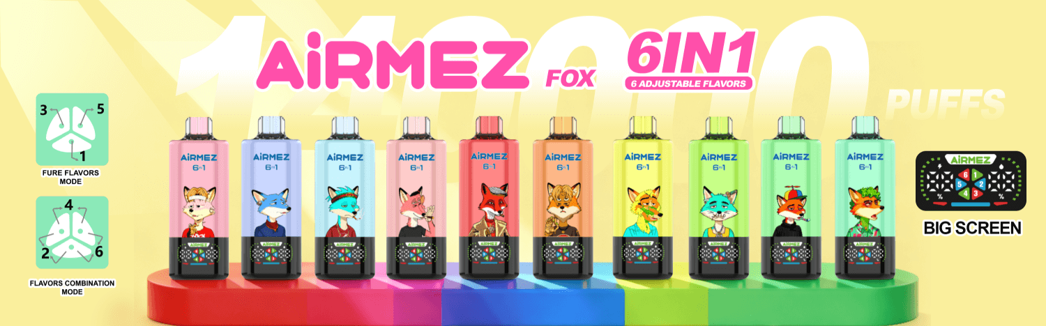 Fila di bottiglie colorate AirMez Fox 6-in-1 con illustrazioni di volpe su una piattaforma arcobaleno, sfondo giallo.