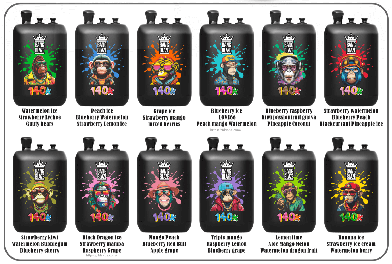 A grid of black Bang Blaze 140K vape bottles featuring cartoon monkeys with colorful splash backgrounds and flavor labels.