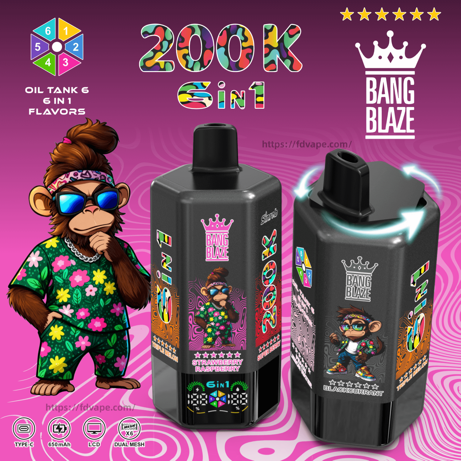 Bang Blaze 200000 200K Puffs 6 in 1 Flavors Disposable Vape 0% 2% 3% 5%  Nicotines 12Tastes Smart Display Vape Factory Wholesale