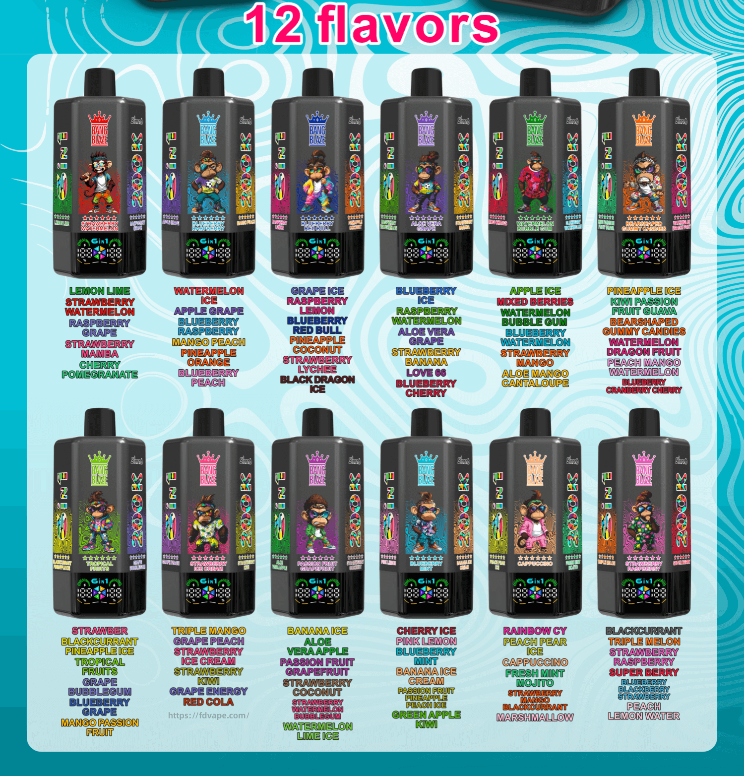 Two rows of six black Bang Blaze 6-in-1 bottles with colorful cartoon labels, displaying 12 flavors against a teal backdrop.