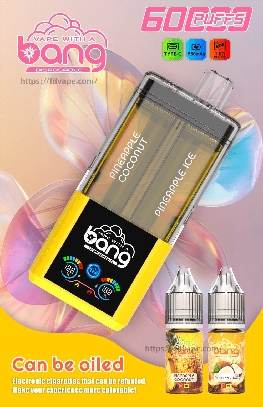 Bang Refillable 60k 60000 Puffs 2 in 1 Dual Flavors Disposable Vape 0% 2%  3% 5% Nicotines 12Tastes Smart Screen Vape Factory Wholesale - FDVAPE