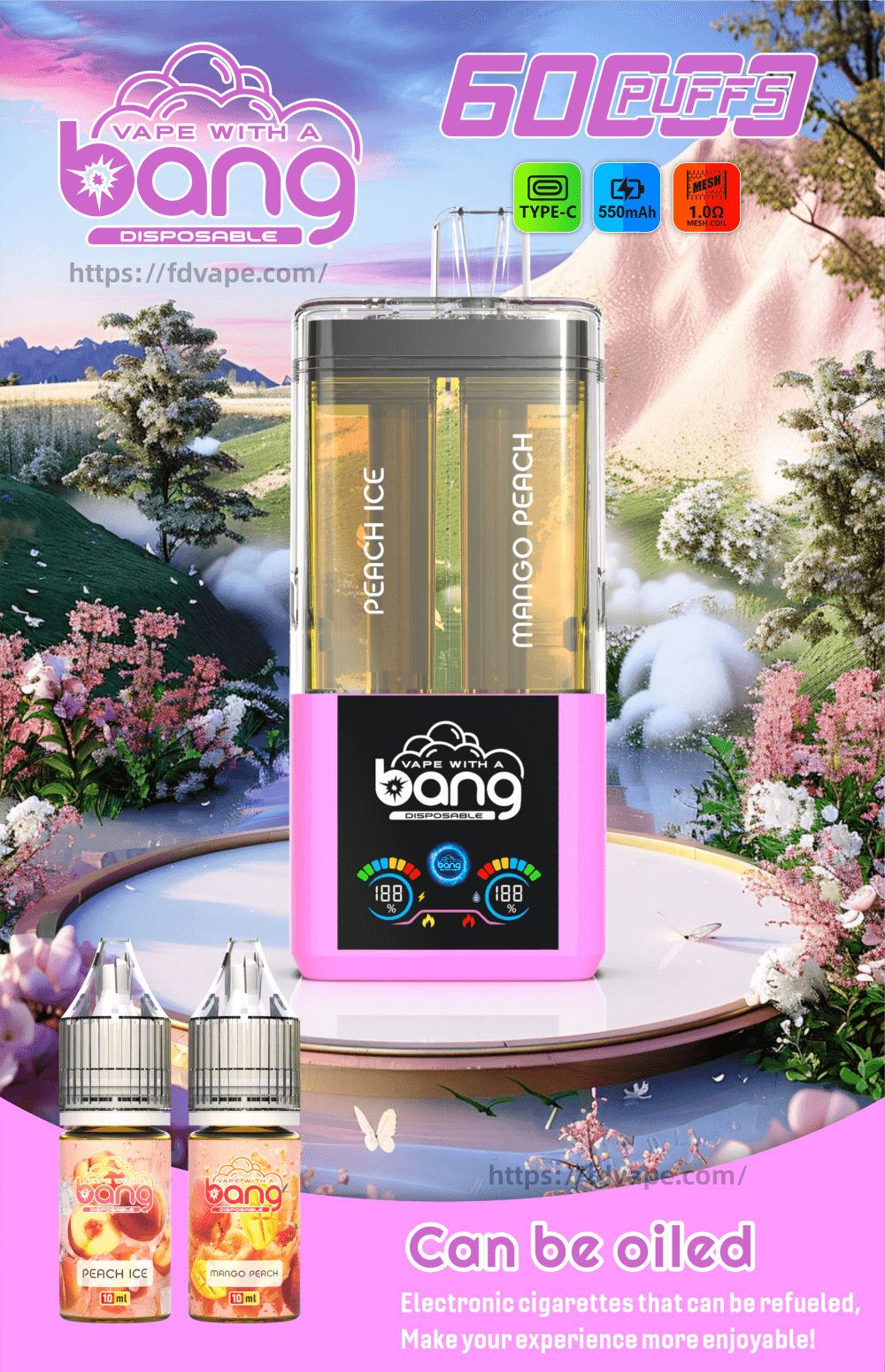 Bang Refillable 60k 60000 Puffs 2 in 1 Dual Flavors Disposable Vape 0% 2%  3% 5% Nicotines 12Tastes Smart Screen Vape Factory Wholesale - FDVAPE