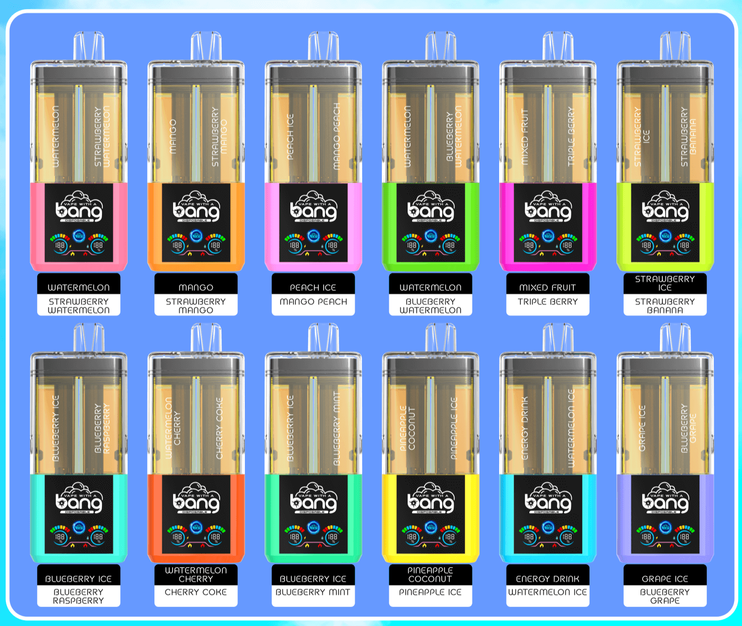 Grid of 18 vape devices with clear tanks and neon bases on a blue background, each with flavor labels and Bang panel.