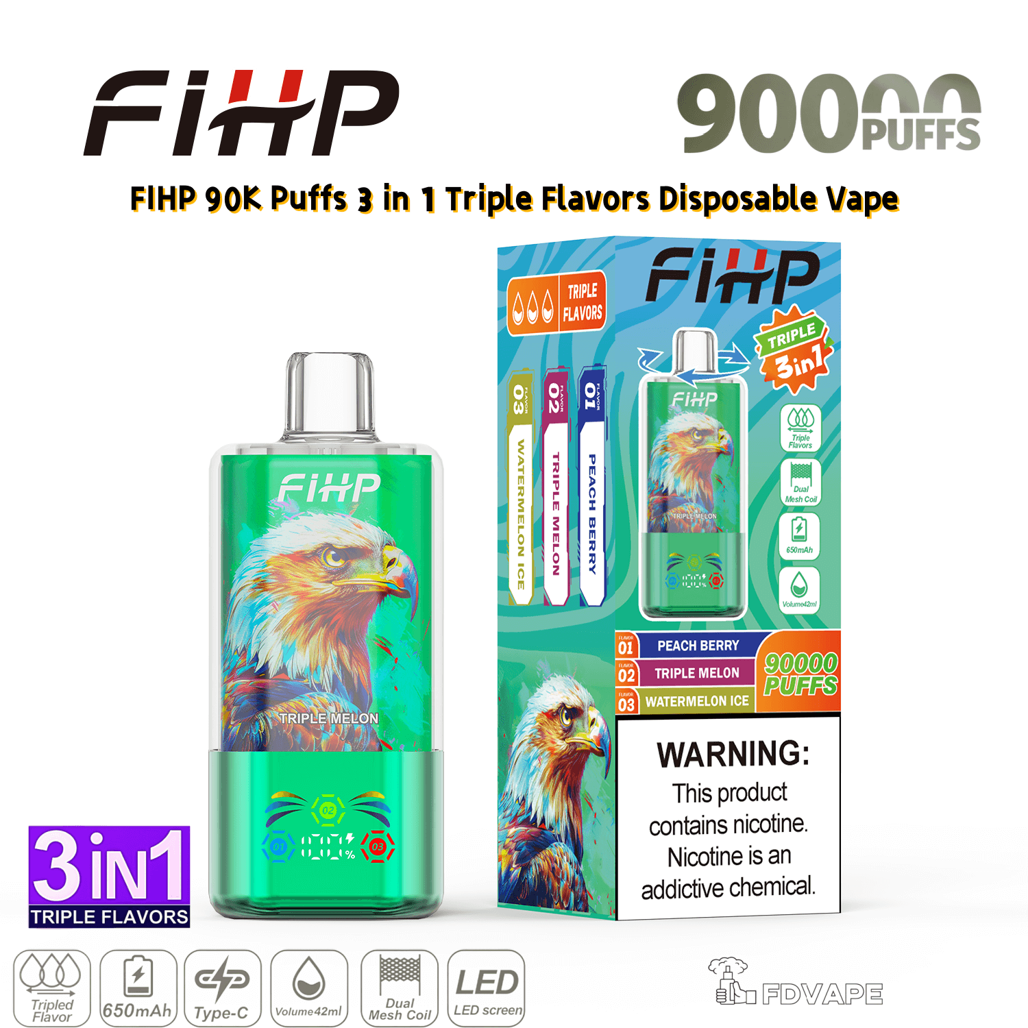 FIHP 90000 90K Puffs 3 in 1 Triple Flavors Disposable Vape Dual Mesh Coil  2% 5% Nicotines 10Tastes Smart Display Vape Factory Wholesale